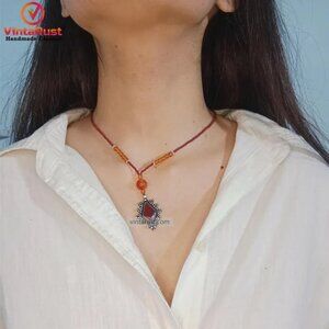 Beaded Chain Pendant Necklace, Ethnic Tribal Light Weight Necklace, Beaded Chain